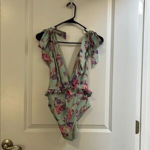 LoveShackFancy Green and Pink Floral One Piece Swimsuit
